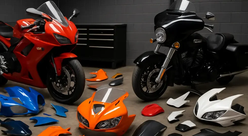 Motorcycle fairing kits displayed around sport and cruiser bikes, highlighting variety and quality in a professional workshop.