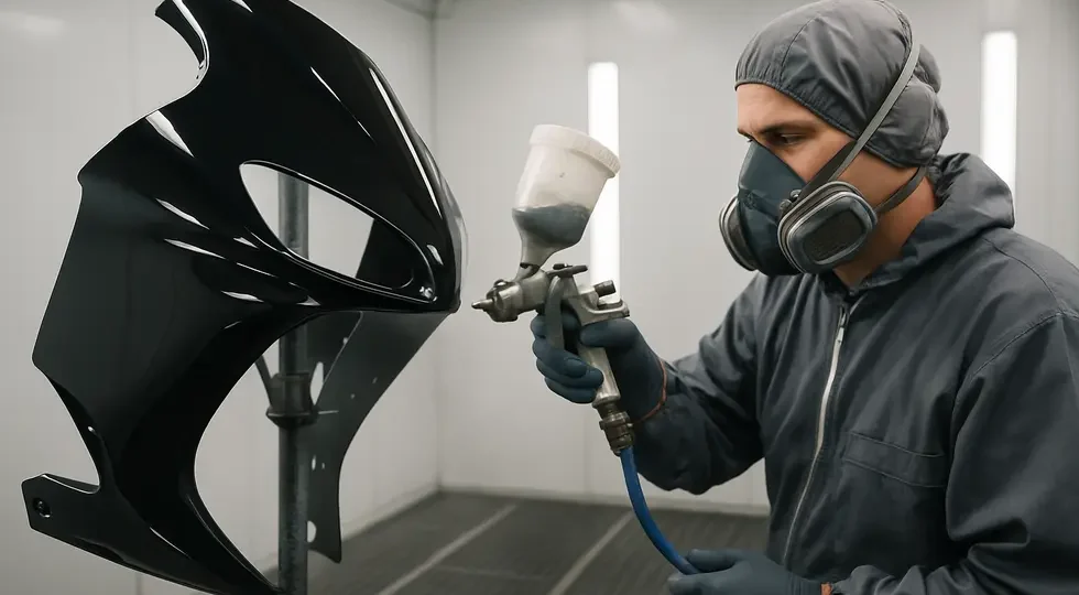 Expert painting of motorcycle fairings in a professional spray booth ensures a flawless, durable finish essential for business success.