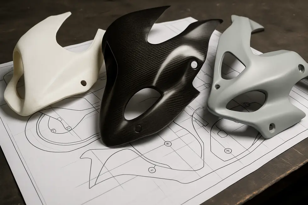 Visual comparison of full, half, and race motorcycle fairings illustrating their aerodynamic and protective functions.