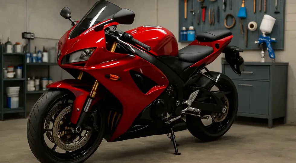 A freshly painted motorcycle with glossy fairings, surrounded by professional painting tools in a bright workshop.