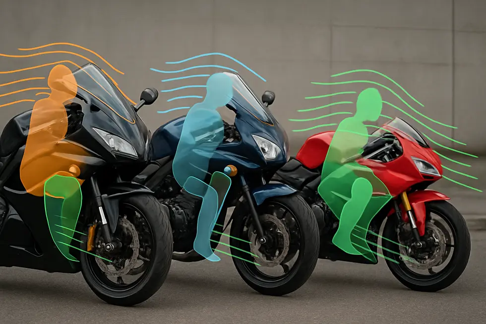 Visual comparison of full, half, and race motorcycle fairings illustrating their aerodynamic and protective functions.