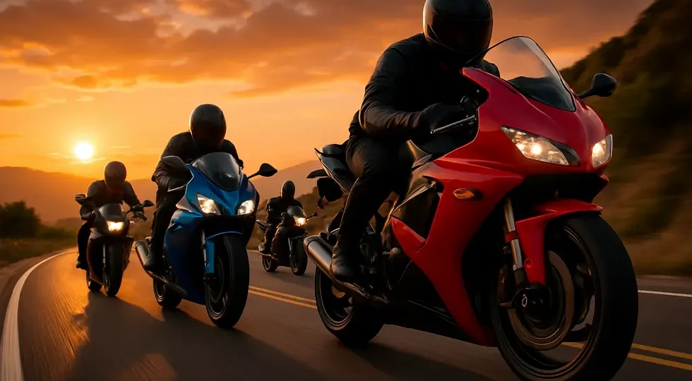 Various motorcycles showcasing full and partial fairings on a scenic sunset road, highlighting style and aerodynamic benefits.