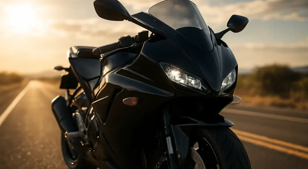Motorcycle showcasing a streamlined front fairing, blending aerodynamic form and stylish finish on a sunny highway.