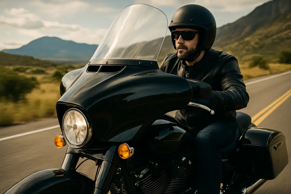 Illustration of aerodynamic airflow optimizations by a motorcycle’s front fairing enhancing speed and stability.