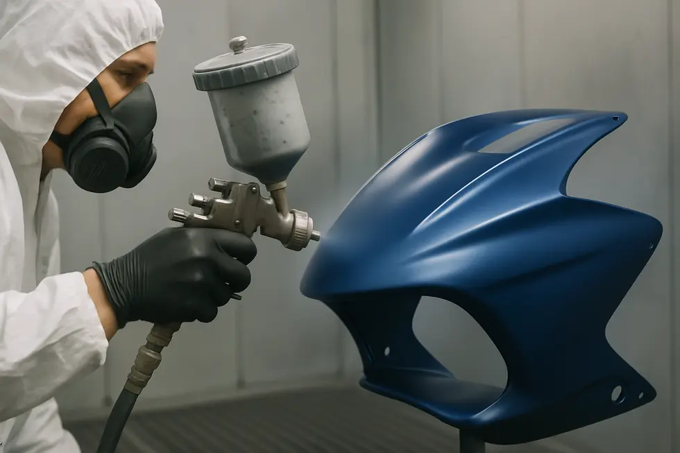 Technician meticulously preparing and repairing a motorcycle fairing’s surface to ensure a solid foundation for repainting.