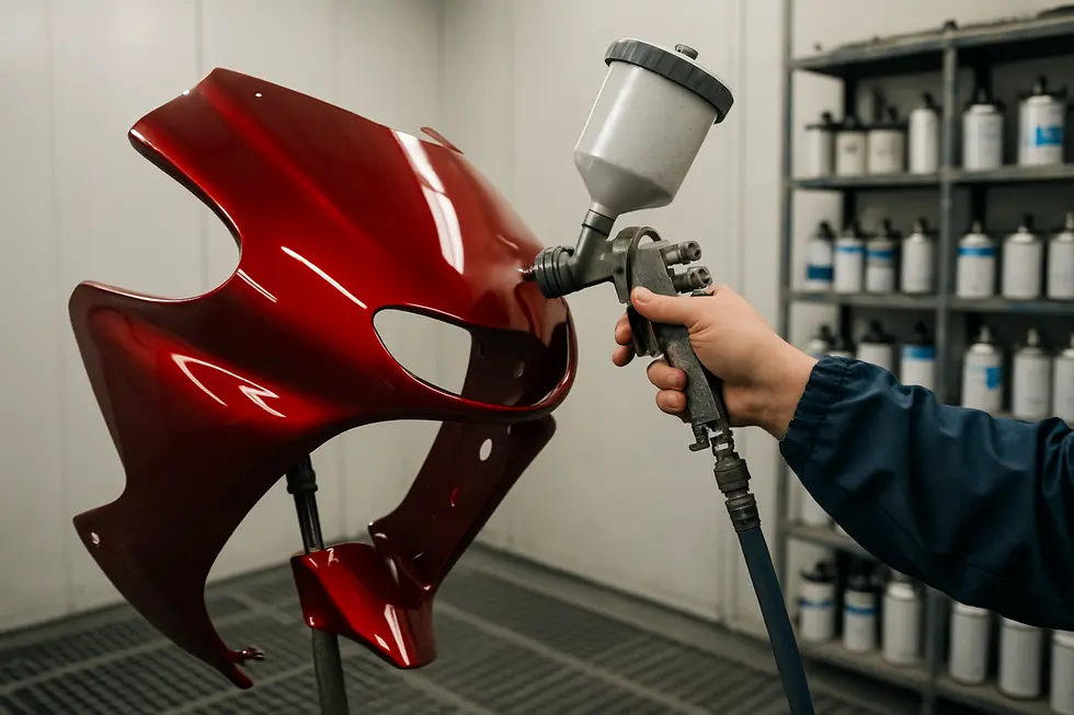 Technician sanding and cleaning ABS plastic motorcycle fairings during surface preparation for repainting.