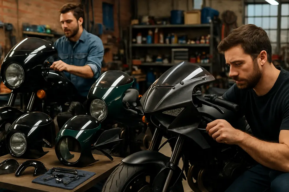 Engineers assessing universal fairing fitment challenges amid diverse motorcycle frame geometries.