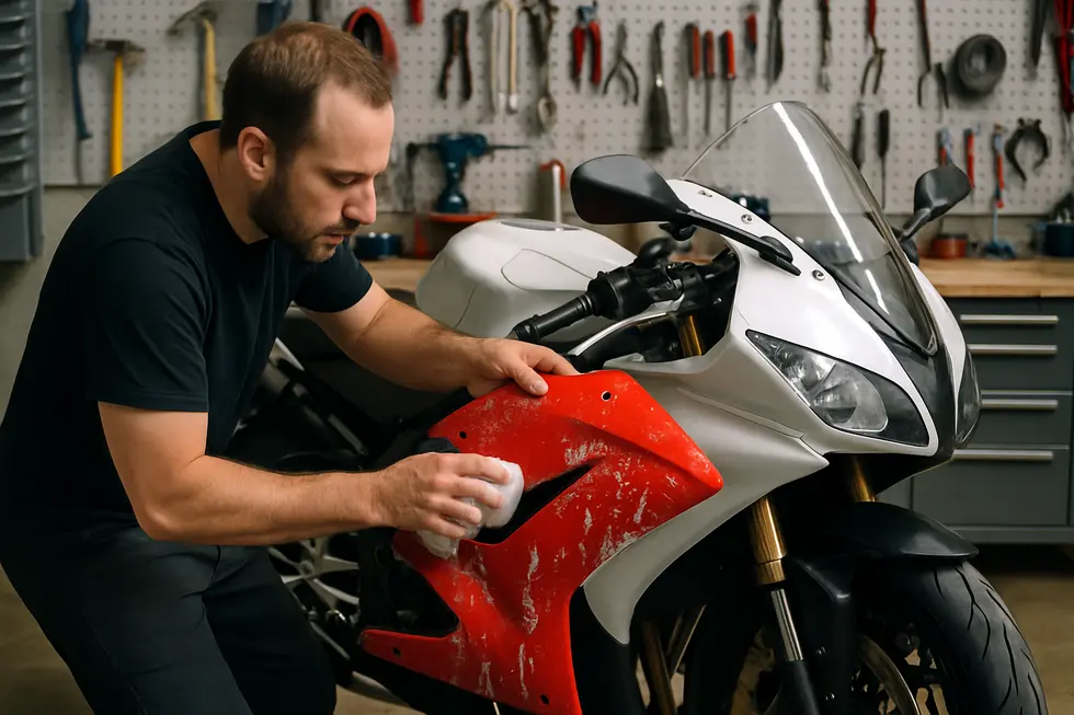 Technician removing and cleaning motorcycle fairings in preparation for repainting.