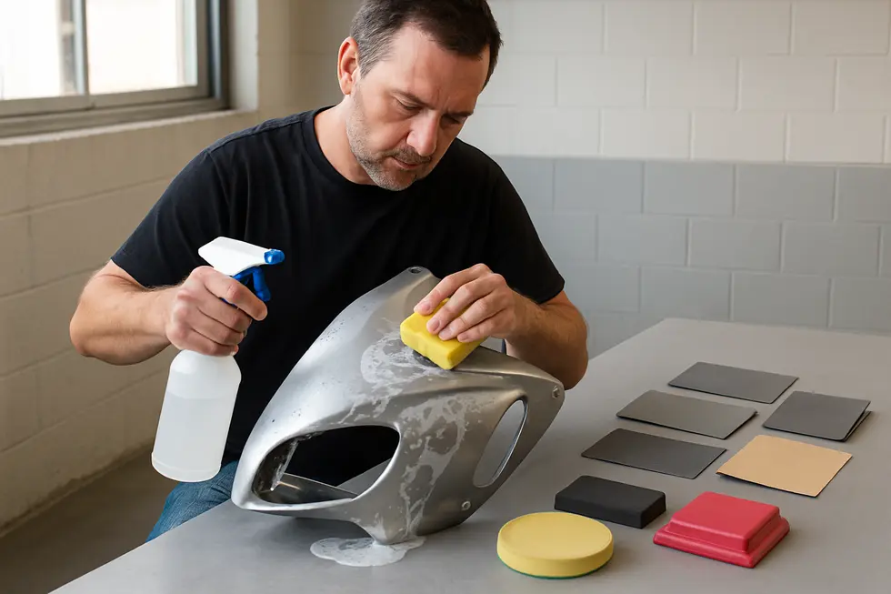 Comprehensive surface preparation including cleaning, degreasing, and sanding sets the foundation for a flawless paint job on motorcycle fairings.