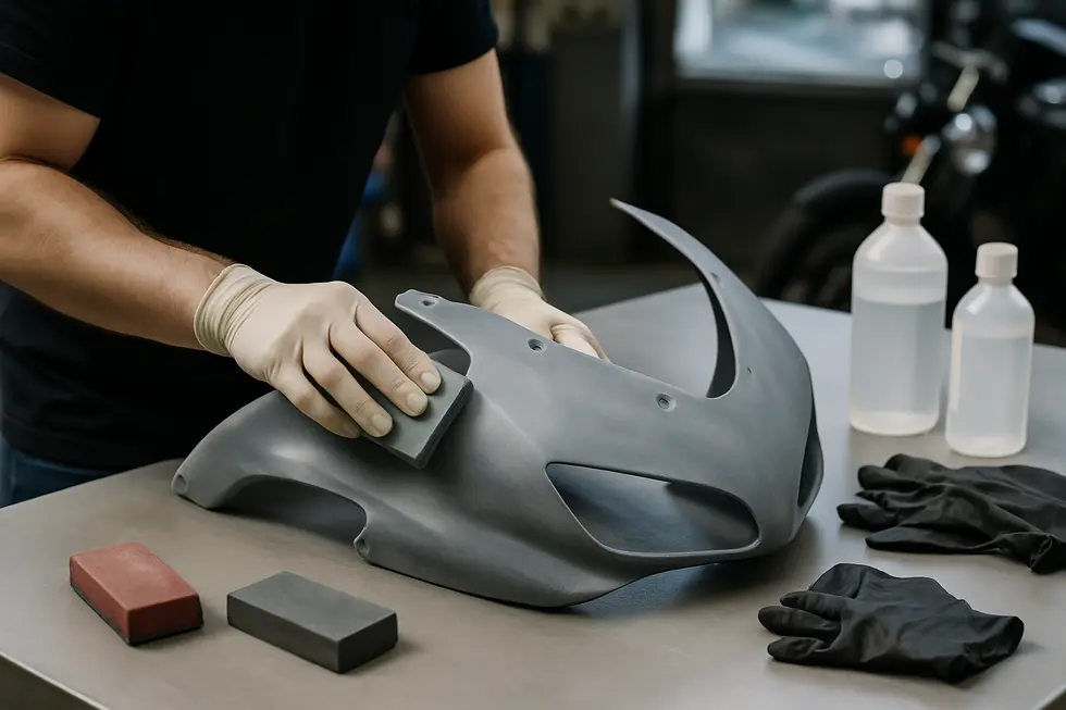 A technician sanding and preparing motorcycle fairings to ensure optimal paint adhesion and durability.
