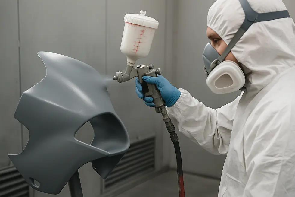 Technician removing and cleaning motorcycle fairings in preparation for repainting.