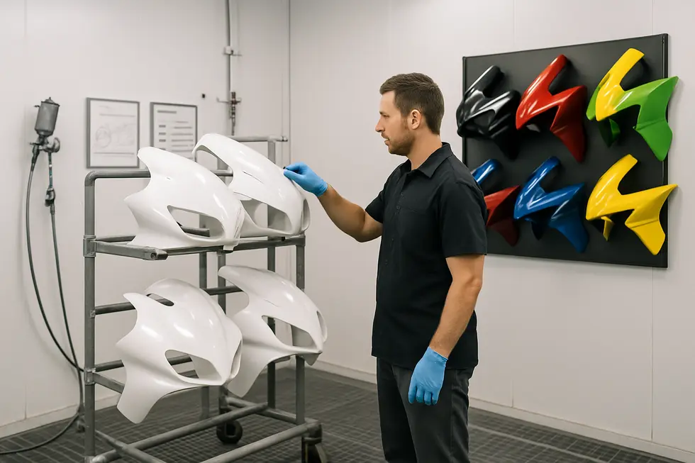 Technician sanding and cleaning ABS plastic motorcycle fairings during surface preparation for repainting.
