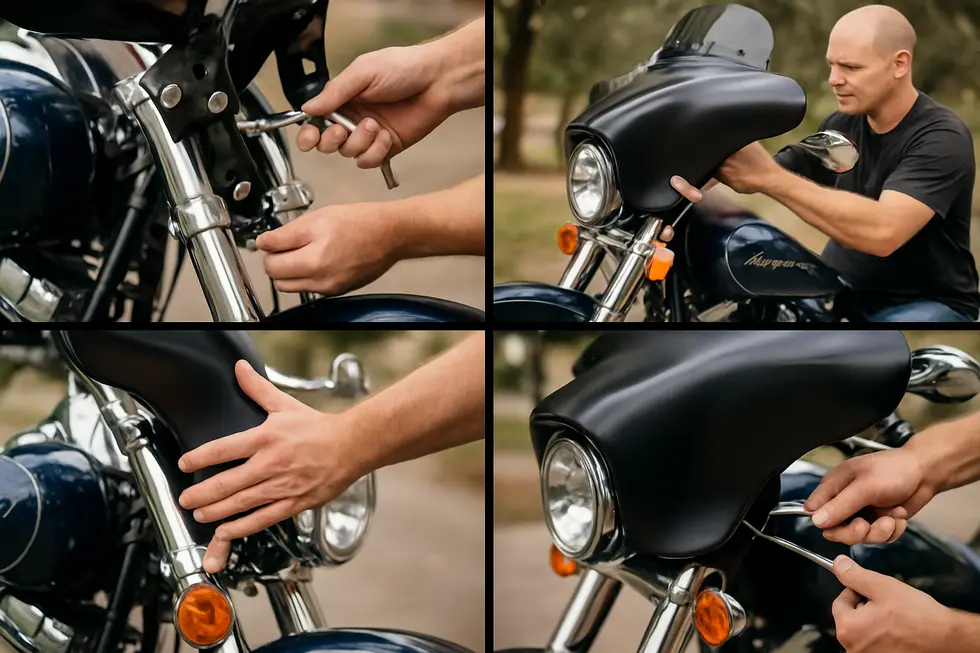 A detailed view of a cruiser motorcycle equipped with a Reckless Batwing fairing emphasizing its aerodynamic shape and built-in functional elements.