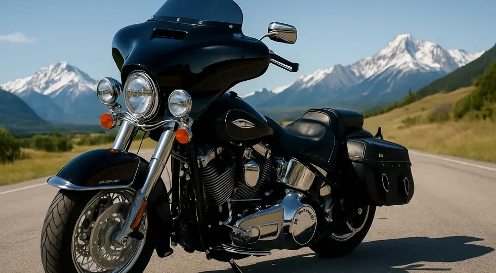 A cruiser motorcycle fitted with a Reckless Batwing fairing showcasing aerodynamic design and style in an open scenic setting.