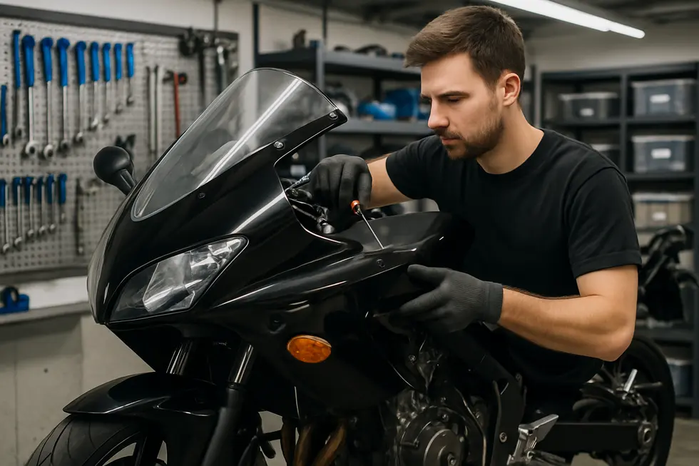 Technician delicately removing motorcycle fairings to prepare for precise damage assessment and repair.