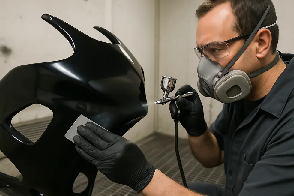 Technician removing and cleaning motorcycle fairings in preparation for repainting.