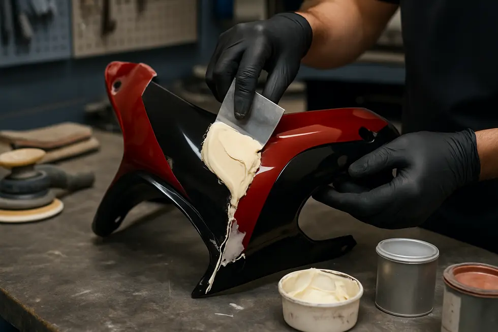 Technician delicately removing motorcycle fairings to prepare for precise damage assessment and repair.