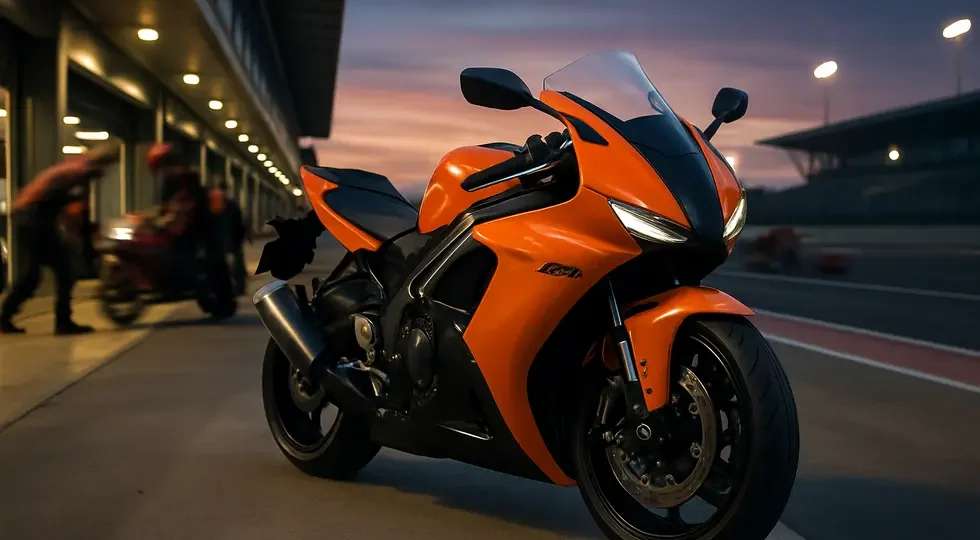 Sportbike equipped with Rifle motorcycle fairings highlighting performance design on a racetrack pit lane.