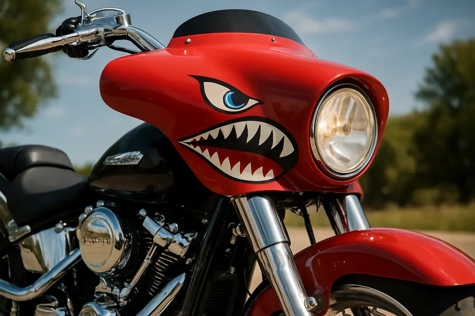 Bold red headlight fairing on a custom Harley-Davidson Fat Boy highlighting creative customization options.