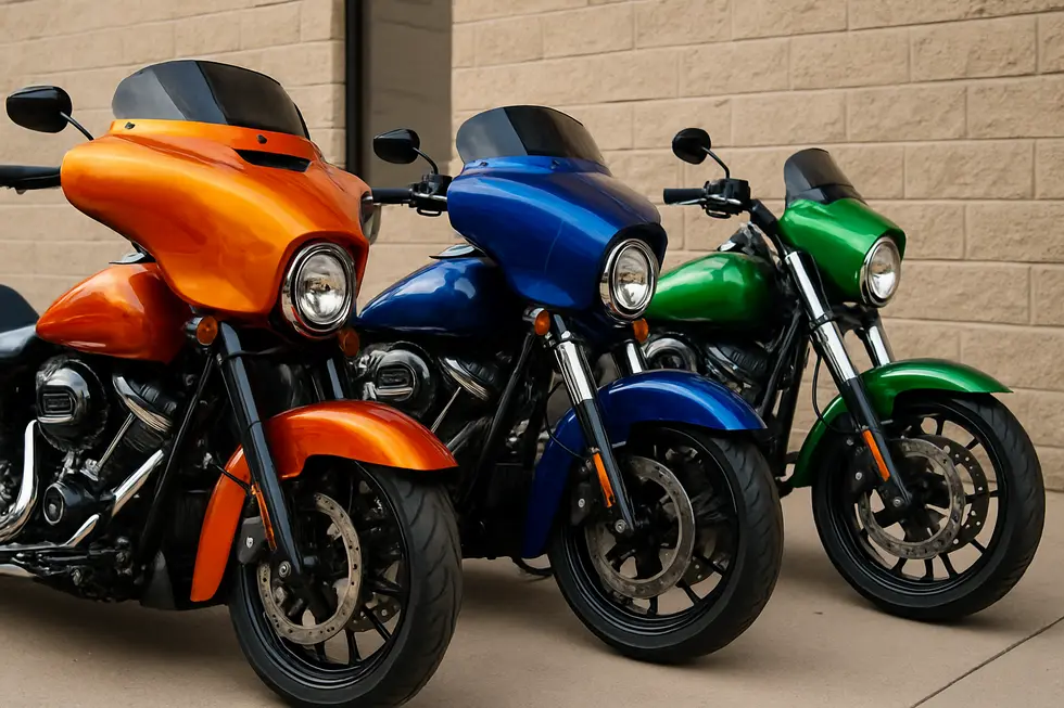 A Harley-Davidson motorcycle featuring a sleek fiberglass fairing with aerodynamic airflow visualization.