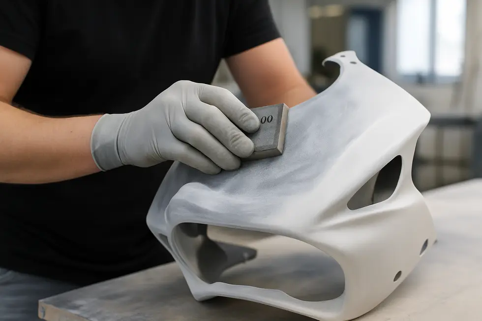 Surface preparation on a plastic motorcycle fairing using fine sanding to ensure optimal paint adhesion.