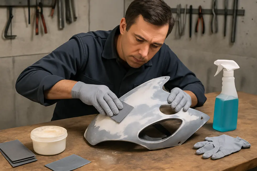 Technician meticulously preparing and repairing a motorcycle fairing’s surface to ensure a solid foundation for repainting.