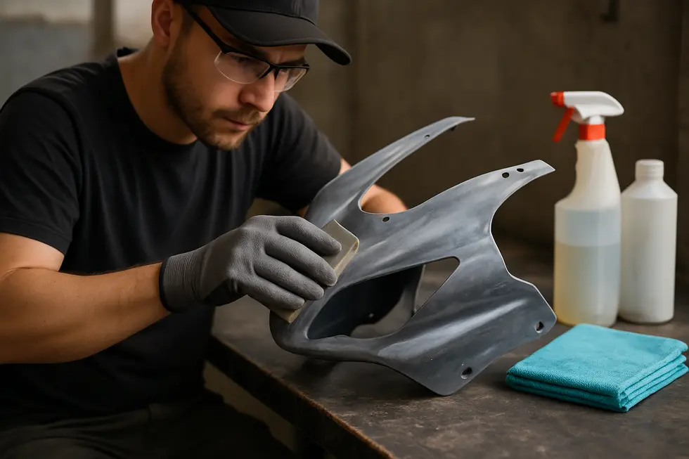 Technician sanding and cleaning ABS plastic motorcycle fairings during surface preparation for repainting.