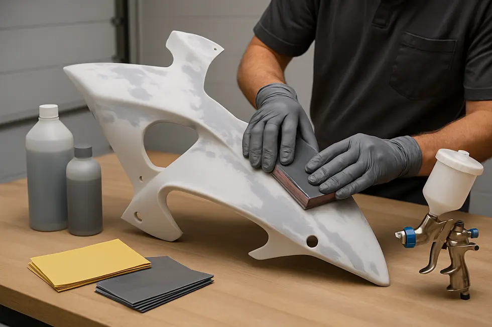 Meticulous sanding and applying adhesion promoters create a perfect base for painting motorcycle fairings.