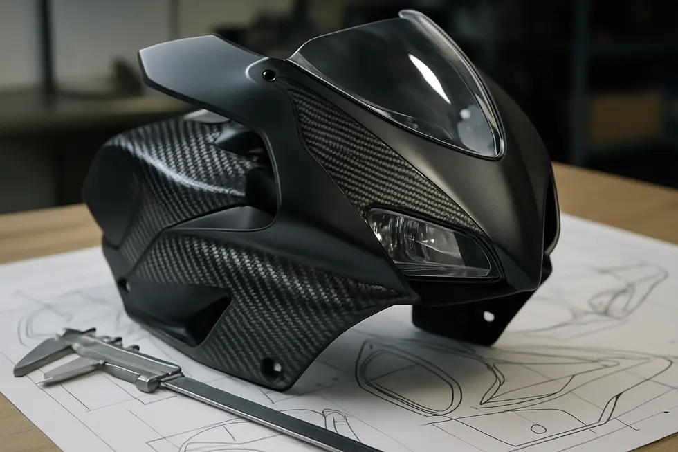 Close-up view of a motorcycle front fairing highlighting carbon fiber weave and ABS plastic components in a design workshop.