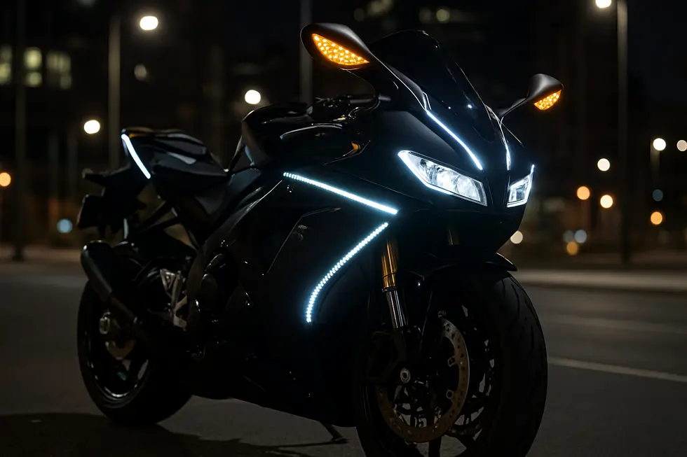 A sport motorcycle outfitted with a full fairing kit demonstrating aerodynamic design and aesthetic enhancement.