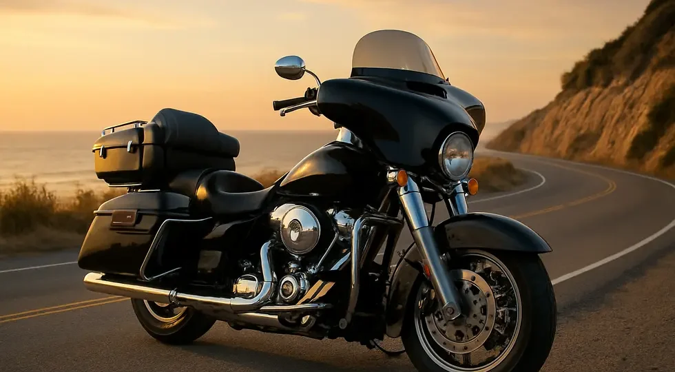 Customized cruiser motorcycle showcasing Tsukayu fairings and luggage accessories on a scenic coastal road at sunset.