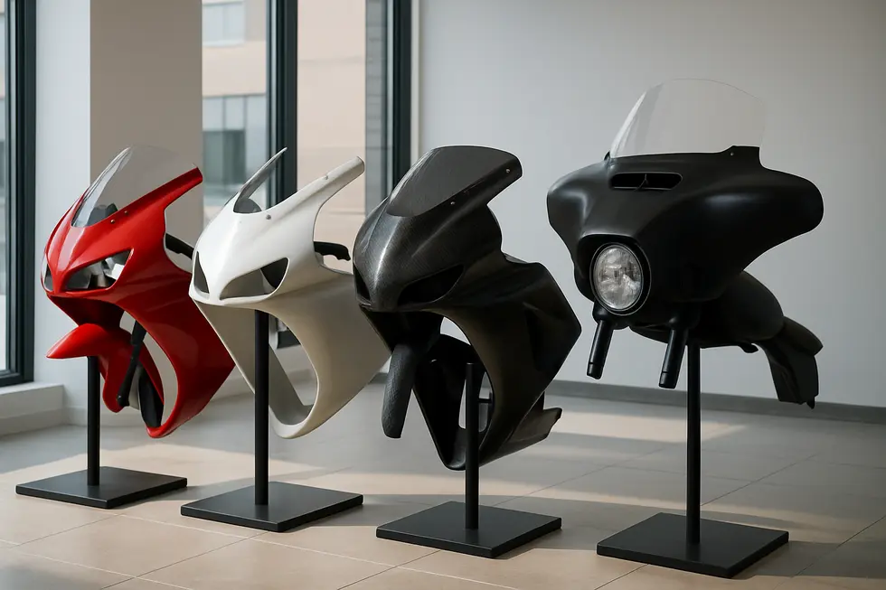 Various motorcycle fairing types showcased to illustrate material and design diversity essential to the motorcycle parts market.