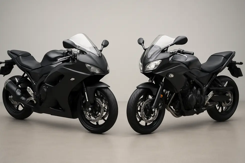 A sport motorcycle with a full fairing demonstrating aerodynamic design and rider protection.