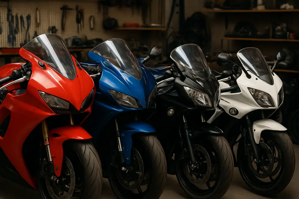 Different types of motorcycle fairings including full and half fairings displayed on sport bikes.