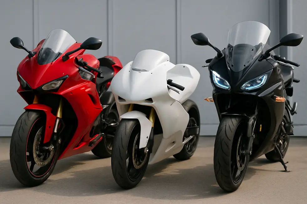 An aerodynamic motorcycle fairing designed to reduce drag and improve speed and stability.