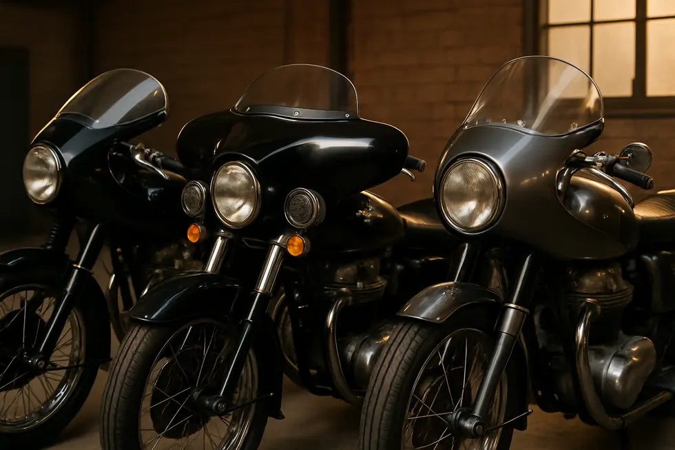 Various classic vintage motorcycle fairing styles showcased together, illustrating design variety and retro aesthetics.