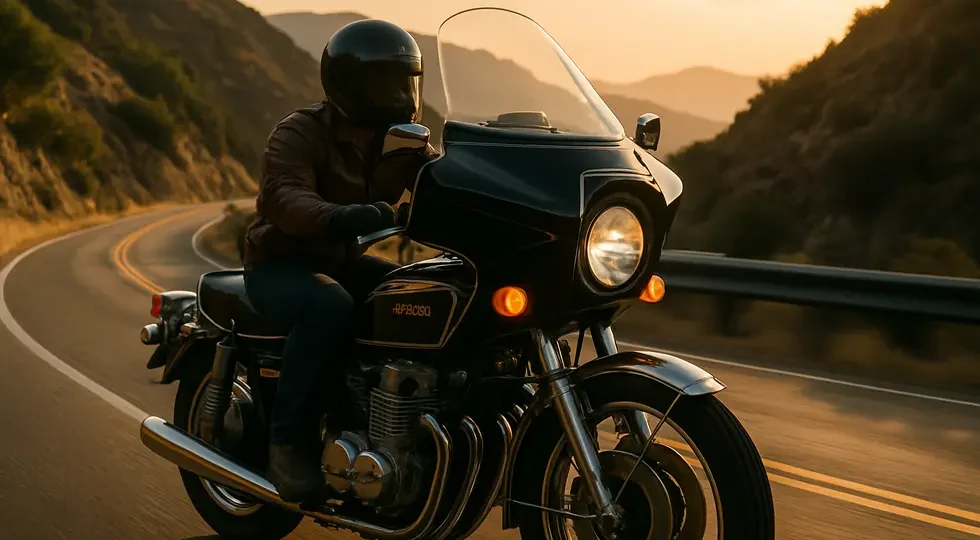 The Windjammer fairing on a vintage Honda CB750 highlights aerodynamic design and touring legacy on a scenic mountain ride.