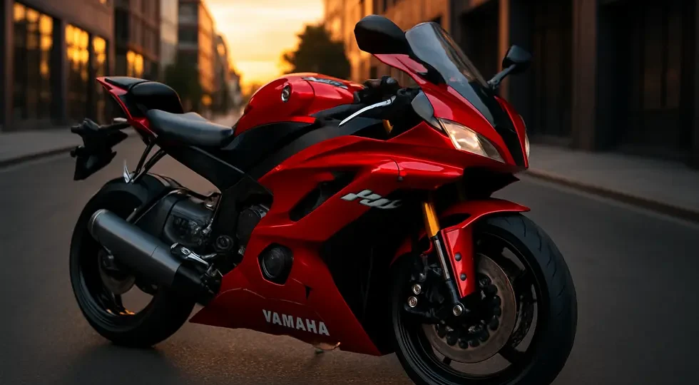 Yamaha R6 motorcycle with premium ABS fairings showcasing perfect fit and dynamic aesthetics in an urban sunset setting.