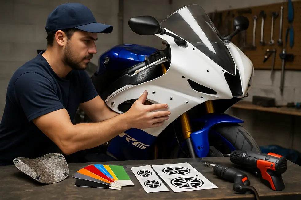 A display of Yamaha R6 fairing kits categorized by model year and color, emphasizing ABS material and OEM compatibility.