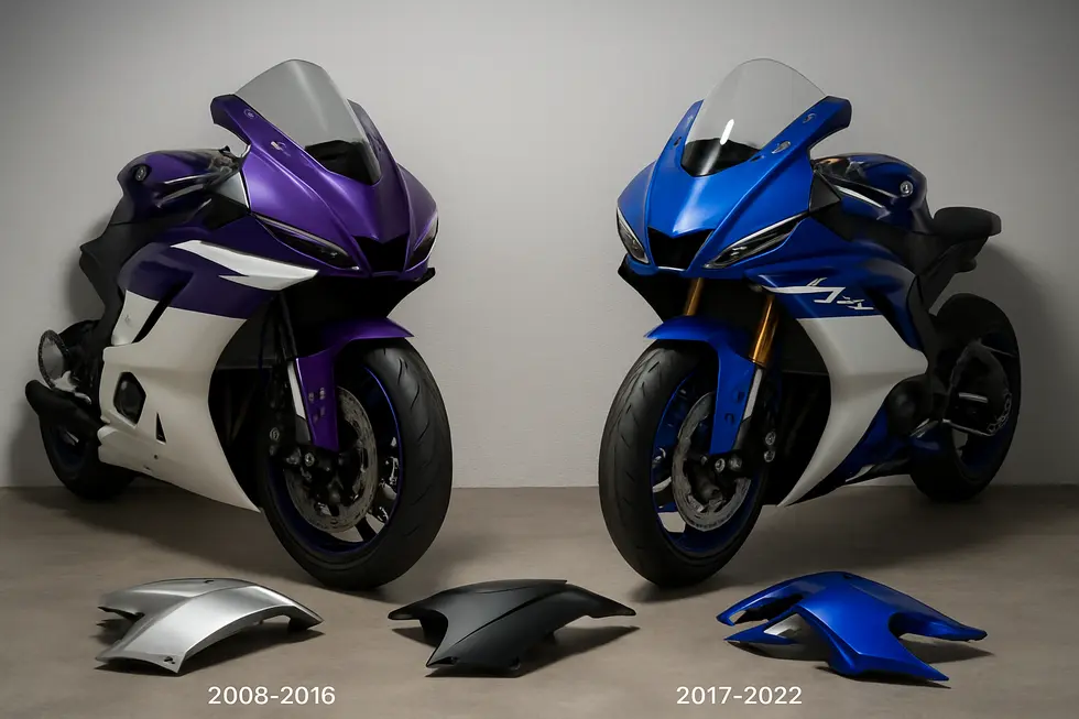 A display of Yamaha R6 fairing kits categorized by model year and color, emphasizing ABS material and OEM compatibility.