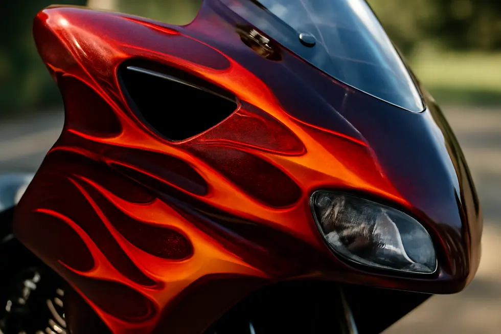 A motorcycle enthusiast applying DIY spray paint and designs on fairings using accessible tools and materials.