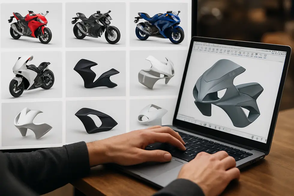 Diverse 3D printed motorcycle fairings made from ABS, PLA, and carbon fiber composites demonstrating design versatility and material options.