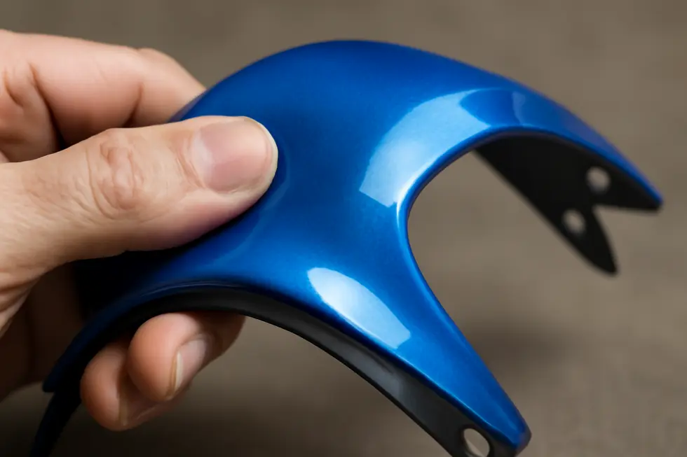 Glossy motorcycle fairing demonstrating superior weather resistance and durable paint finish.