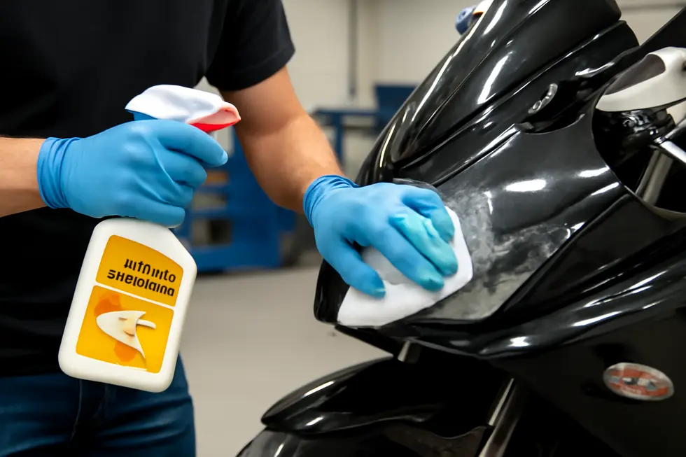 Technician applying controlled heat to soften adhesive under a motorcycle fairing decal.