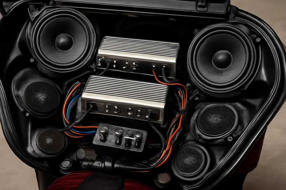 Custom Hertz amplifier securely installed inside a 2024 Road Glide motorcycle fairing, demonstrating clean wiring and tailored fitment.