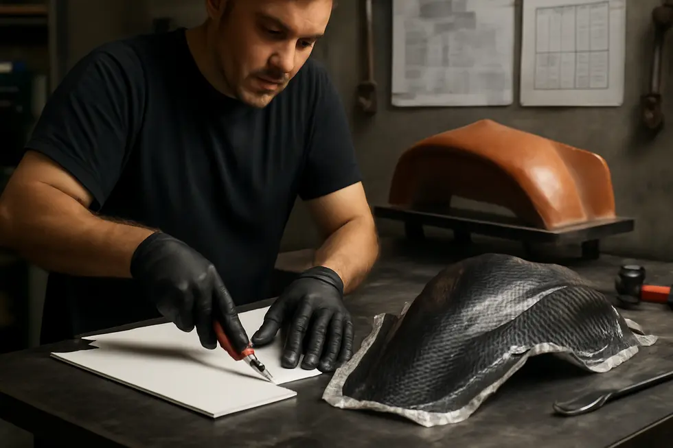 Essential materials and tools for professional DIY motorcycle fairing projects displayed in an organized workbench.
