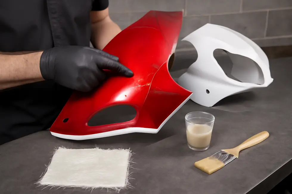Technician thoroughly cleaning and preparing a scratched motorcycle fairing for repair.