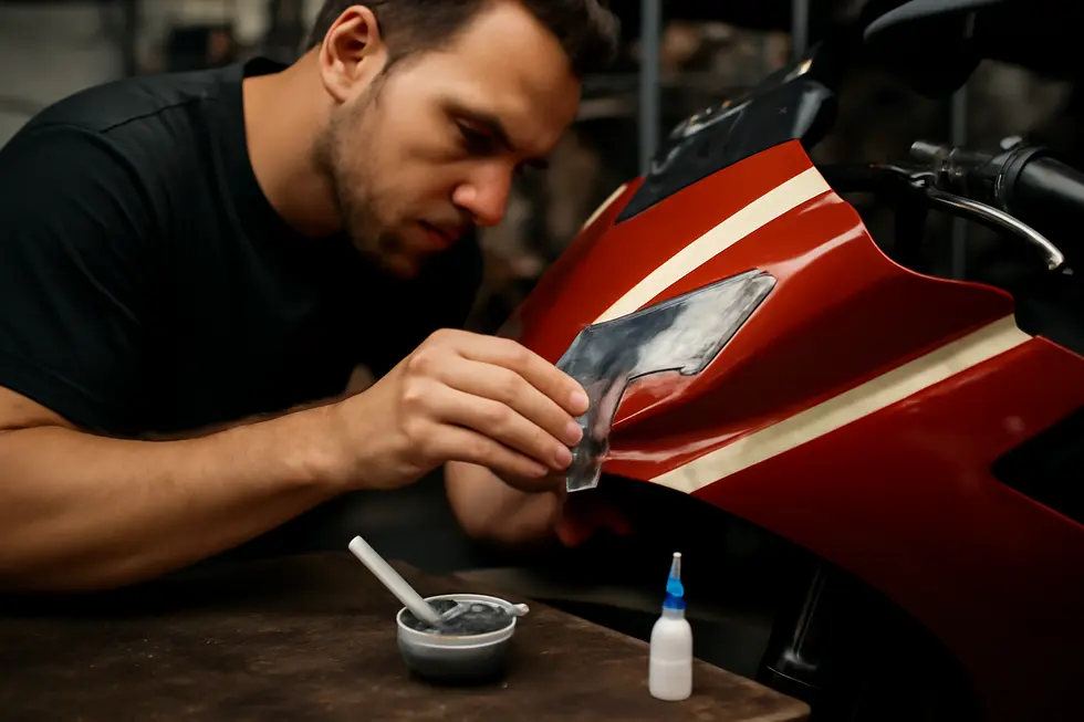 Thorough cleaning of a scratched motorcycle fairing to prepare the surface for effective repair.