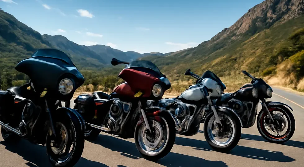 A group of motorcycles equipped with diverse aerodynamic fairings showcased on a scenic mountain road.