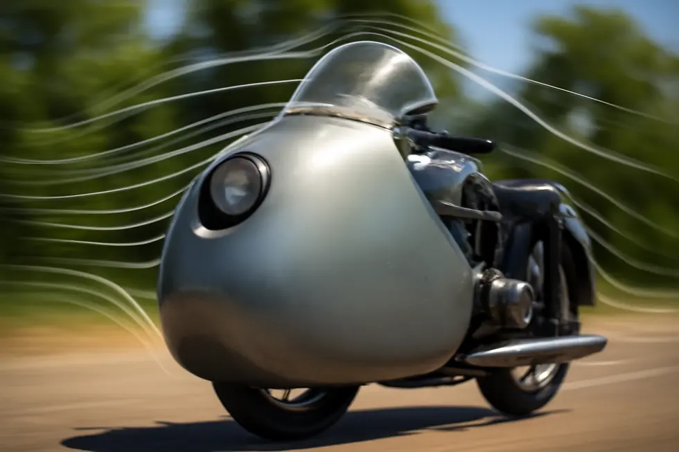 Vintage dustbin fairing highlighting its large, rounded aerodynamic shape designed to reduce air resistance.